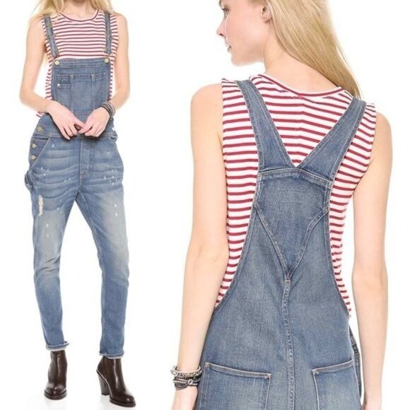 FRAME Le Garcon Denim Overalls in Stone Canyon Skinny Distressed Cropped Blue - Picture 1 of 10